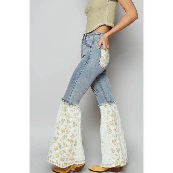 POL Clothing Floral Lace Rose Embroidered Flared Jeans Cottagecore Flowercore - Picture 2 of 5